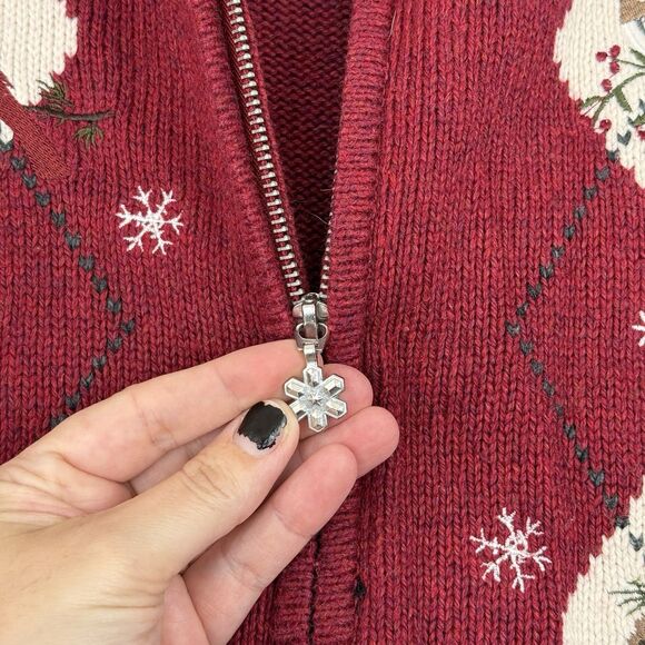 Vtg Holiday Sweater Womens L Red Full Zip Christmas Winter Bird Cardinal Grandma - Picture 4 of 11